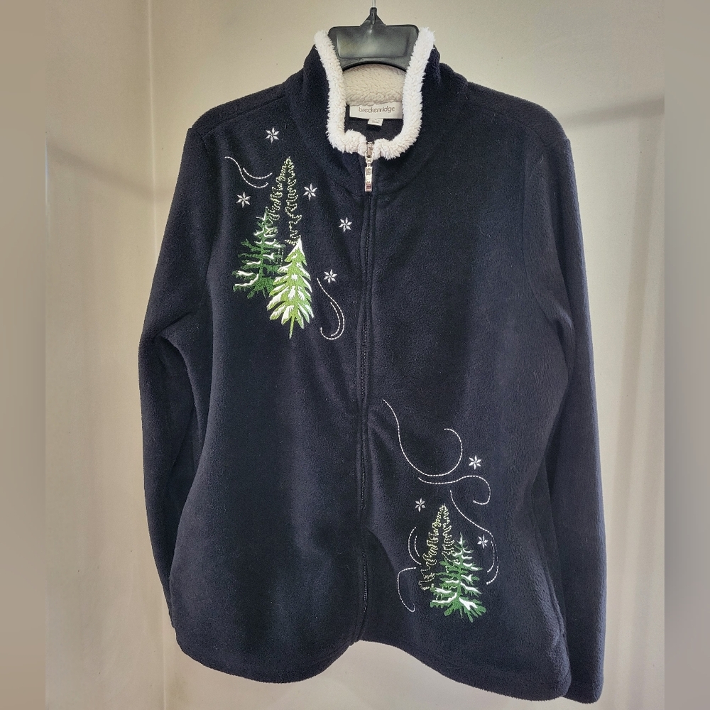 Women's Sz L winter scene LS black fleece jacket sweater